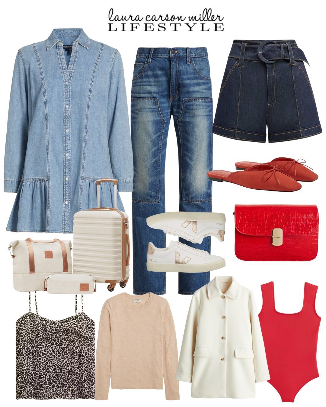 Vacation outfit, luggage, mules, suede, beach sweater, bodysuit, chambray dress, jeans, shorts, sneakers, cream coat, spring coat, camisole, Laura carson miller

#LTKTravel #LTKSaleAlert #LTKSpringSale
