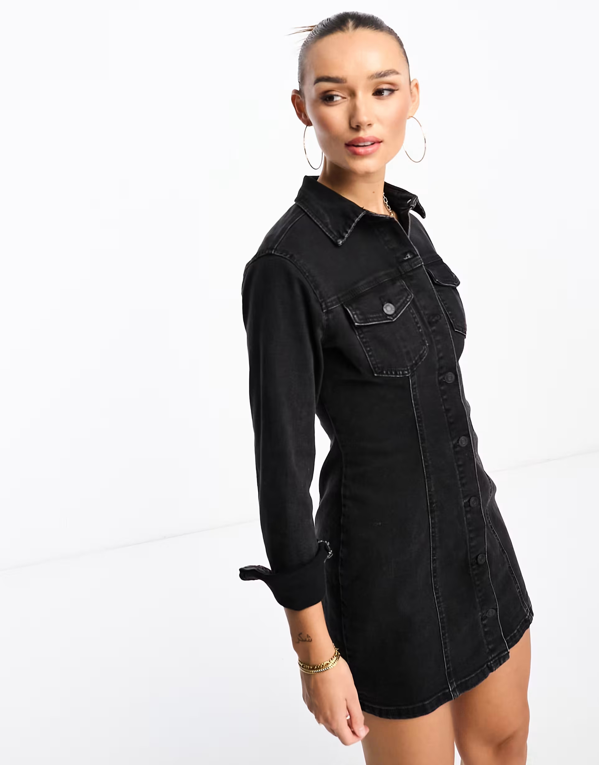 ASOS DESIGN denim fitted shirt dress in black | ASOS (Global)