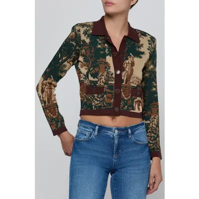 L'AGENCE Osiris Jacquard Knit Jacket in Tan Mountain Western Toile at Nordstrom, Size Medium | Nordstrom