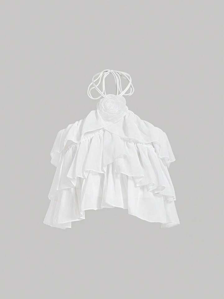 SHEIN MOD Women's Multi-Layer Ruffle Trimmed Halter Neck Tank Top With 3d Flower Decoration | SHEIN