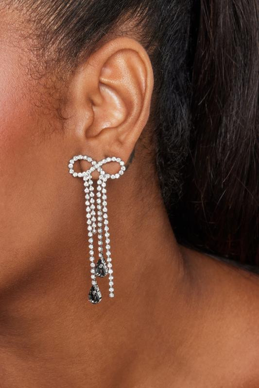 Yours Silver Bow Drop Diamante Earrings | Long Tall Sally