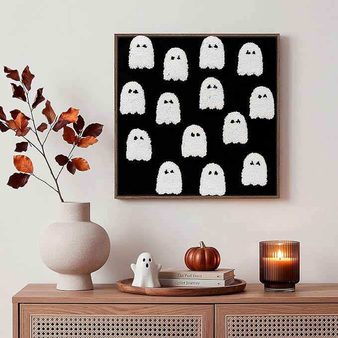 HUARCEY Vintage Wood Framed Halloween Cute Ghost Spooky Wall Art 19.2x19.2 | Amazon (US)