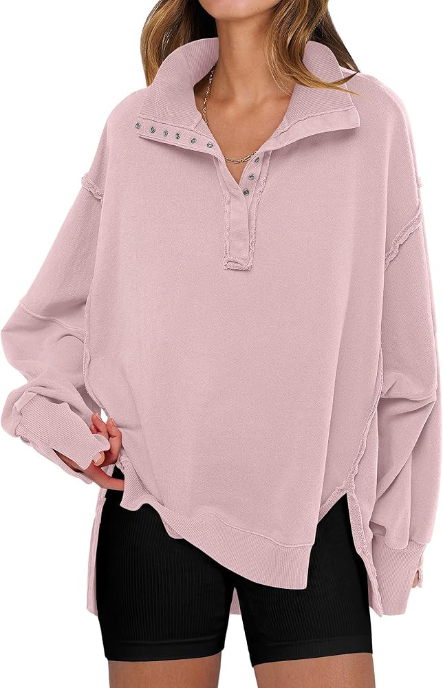 ANRABESS Women's Sweatshirts Oversized Casual Loose Button Up Henley Pullover Top High Low Split ... | Amazon (US)