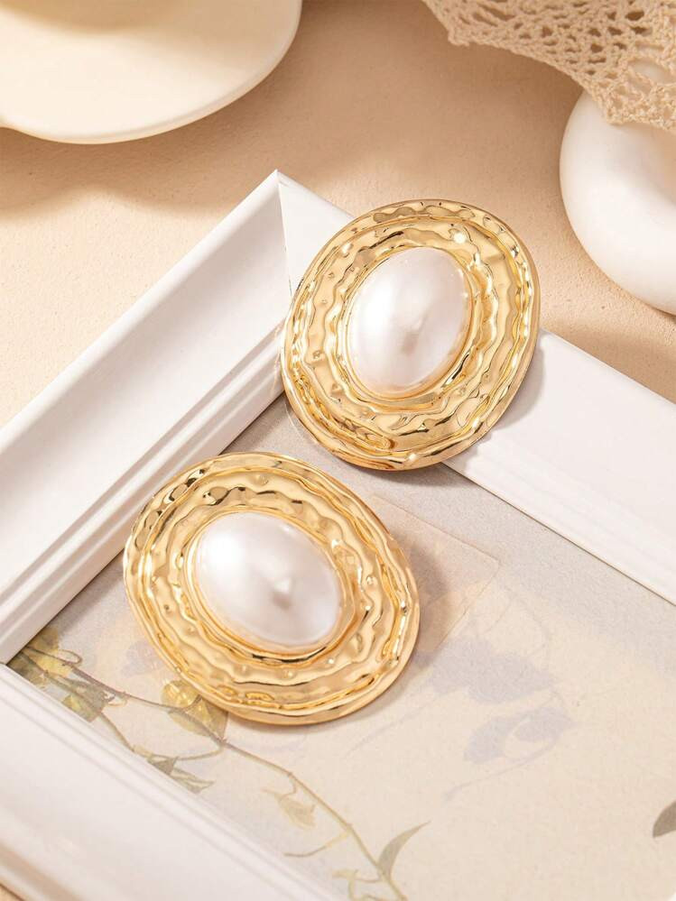 1pair Geometric Texture Oval Pearl Inlay Pendant Vintage Elegant Women Earrings | SHEIN