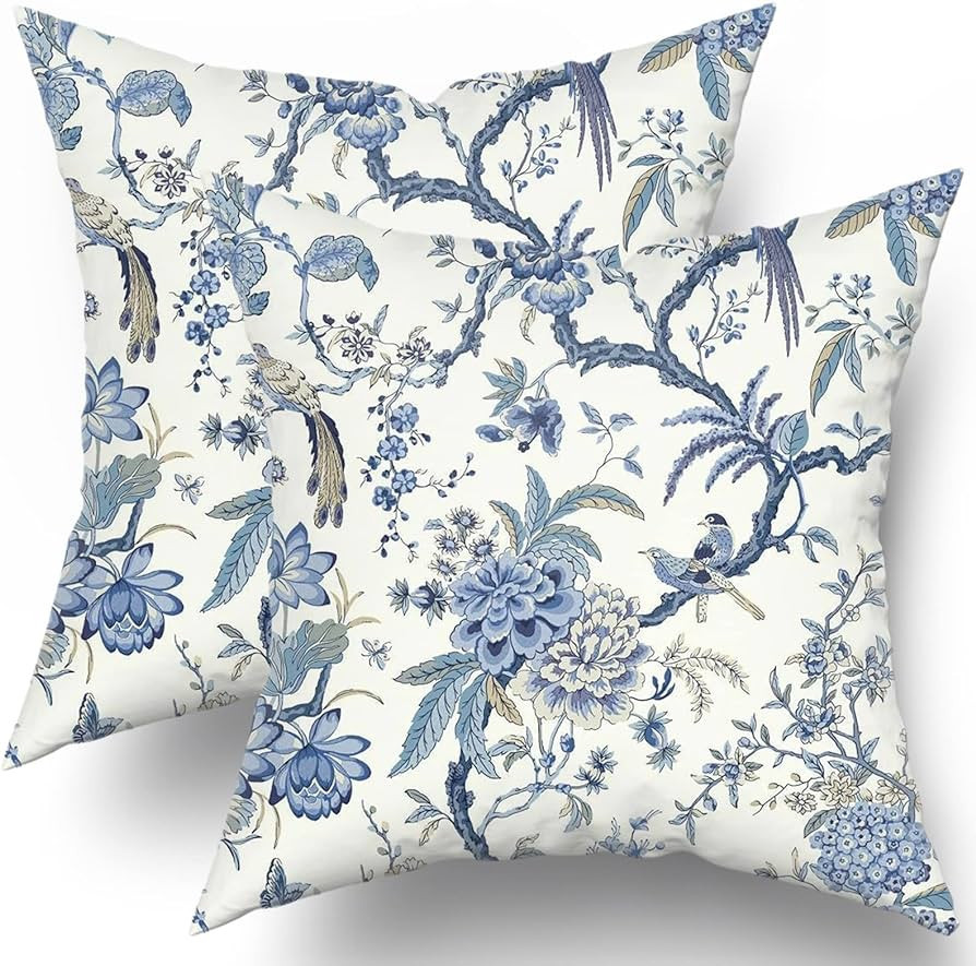 Chinoiserie Pillow Covers 20x20 Inch Blue and White Outdoor Pillows Blue Birds Flowers Throw Pill... | Amazon (US)