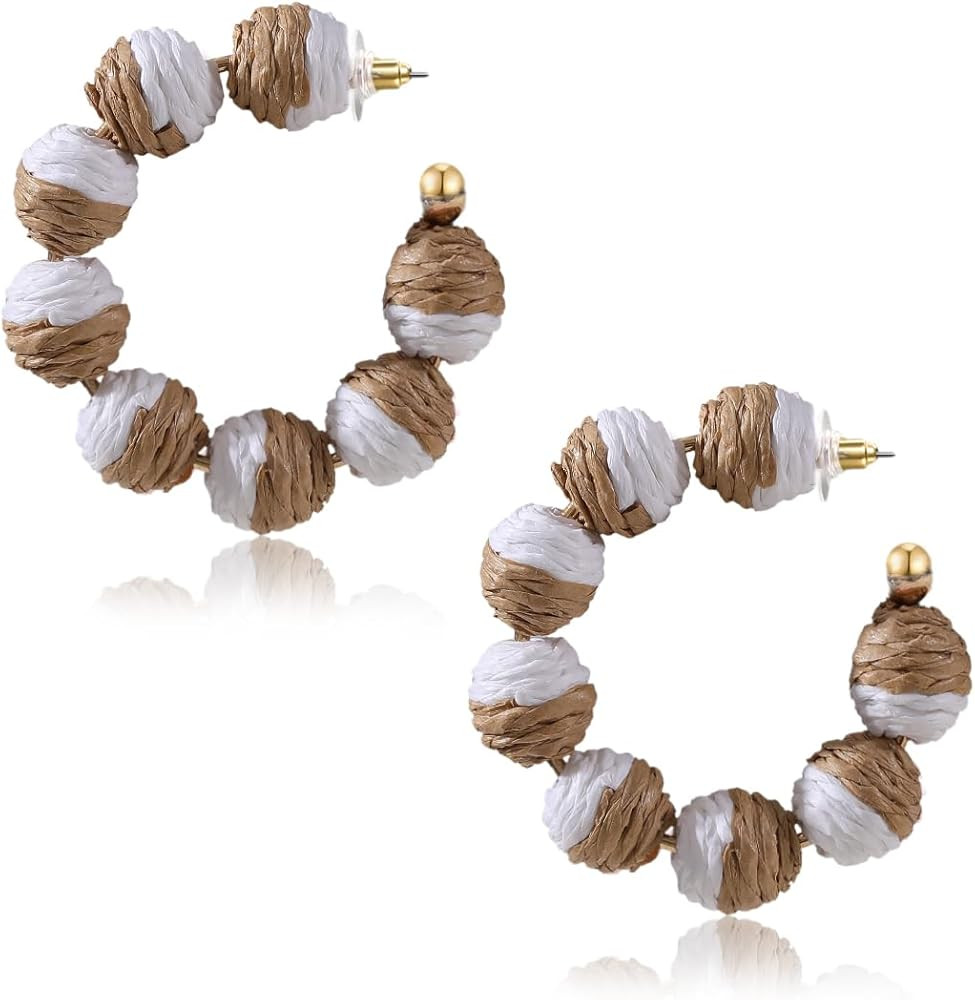 Colorful Statement Raffia Hoop Dangle Earrings for Women - Fun Summer Rattan Beach Vacation Jewel... | Amazon (US)