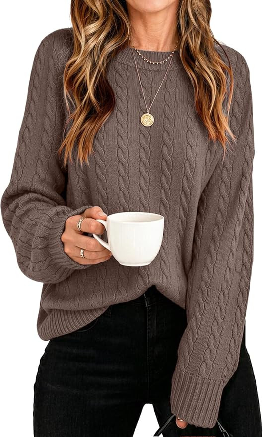 Womens Winter Fall Sweaters 2026 Trendy Cable Knit Long Sleeve Crewneck Tops Casual Outfit Sweate... | Amazon (US)
