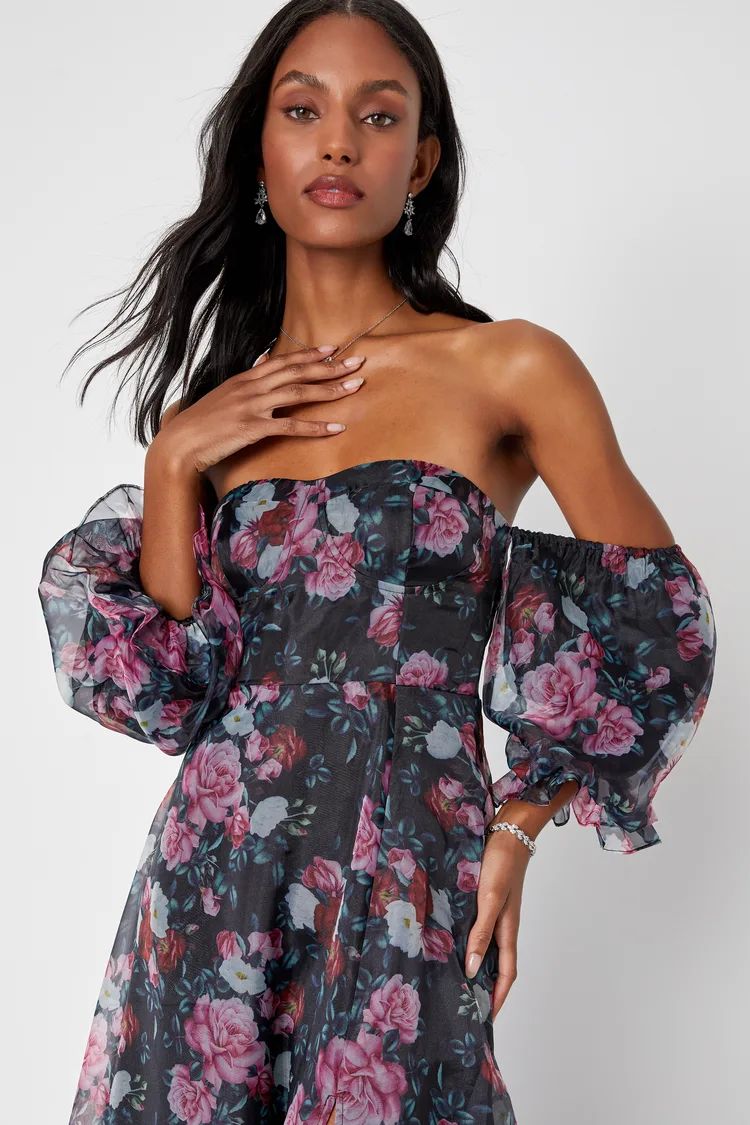 True Excellence Black Floral Bustier Off-The-Shoulder Maxi Dress | Lulus