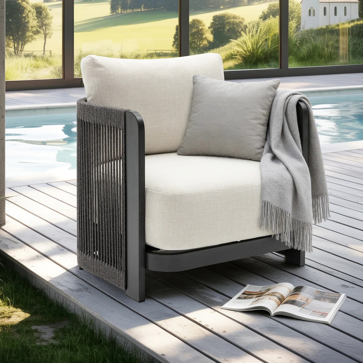 Modern Rope Woven Patio Chair with Aluminum Frame and Wood Grain;Weather-Resistant Outdoor Armcha... | Wayfair North America