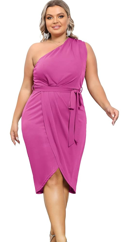 Hanna Nikole Women's Plus Size One Shoulder Bodycon Party Dresses Glitter Wrap Hem Belted Cocktai... | Amazon (US)