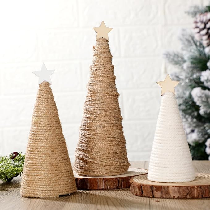 Gejoy 3 Pcs Rustic Christmas Cone Trees Mini Farmhouse Yarn Cone Tabletop Decoration with Stars N... | Amazon (US)
