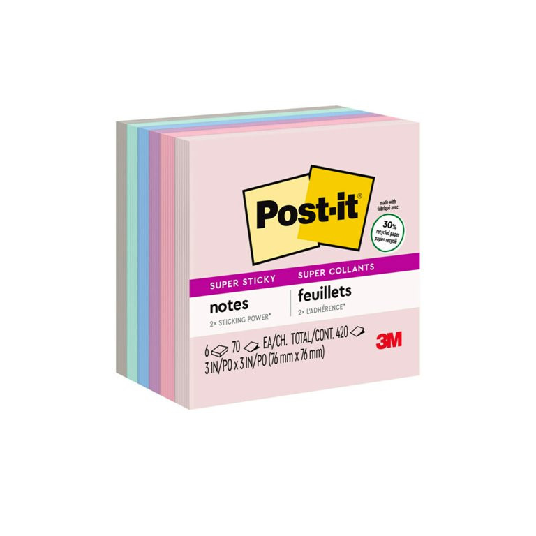 Post-it Recycled Super Sticky Notes, 3 in x 3 in, Wanderlust Pastels , 6 Pads | Walmart (US)