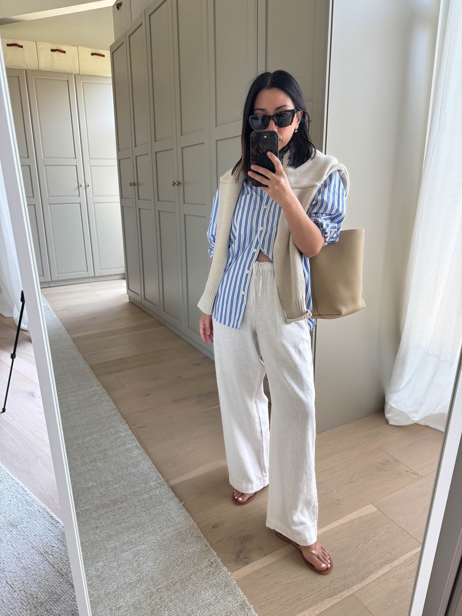 Budget-friendly finds:

Gap Big shirt - a favorite for years!
Gap factory linen pants!
Quince cotton sweater. 

All three are wardrobe staples!

Gap big shirt petite xs
gap factory line pants petite xs
Black Suede Studio sandals 35
Quince sweater small
The Row bag medium
Quince sunglasses 
Dorsey James necklace 15”
Electric picks earrings.

Summer outfits, summer style, petite style

#LTKootd #LTKmomlife #LTKPetite