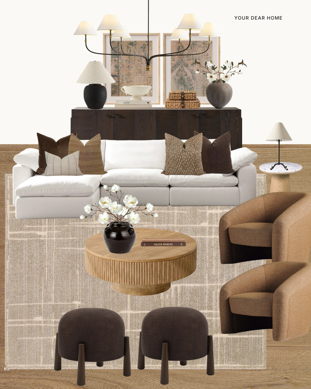 The easiest way to make a neutral living room feel warm and high-end is by layering wood tones and soft textures like this. The ceiling beams add that architectural depth while the mix of brown accents keeps it from feeling flat. 

 #LTKHome