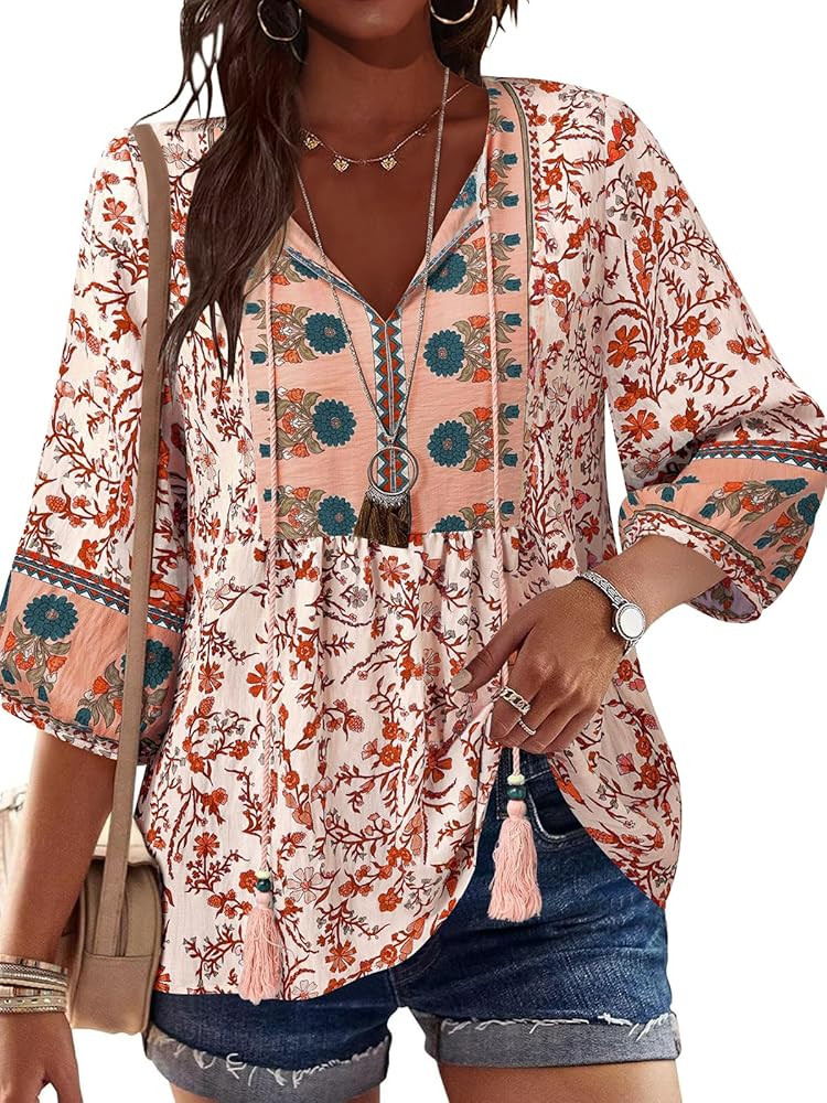 Poetsky Women's Casual 3/4 Sleeve Babydoll Tunic Tops Boho Floral Print V Neck Tie Front Summer F... | Amazon (US)