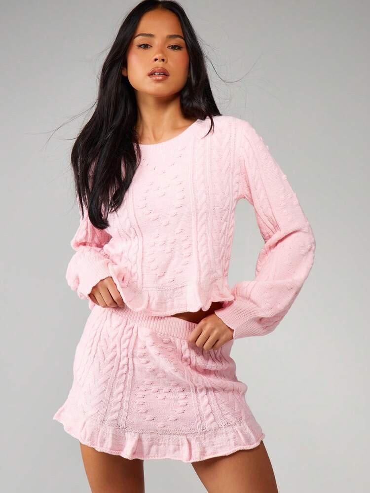 MISSGUIDED Heart Cable Knit Long Sleeve Jumper And Frill Mini Skirt Co Ord Set For Valentine's Day Winter Cozy Knitwear Outfit | SHEIN
