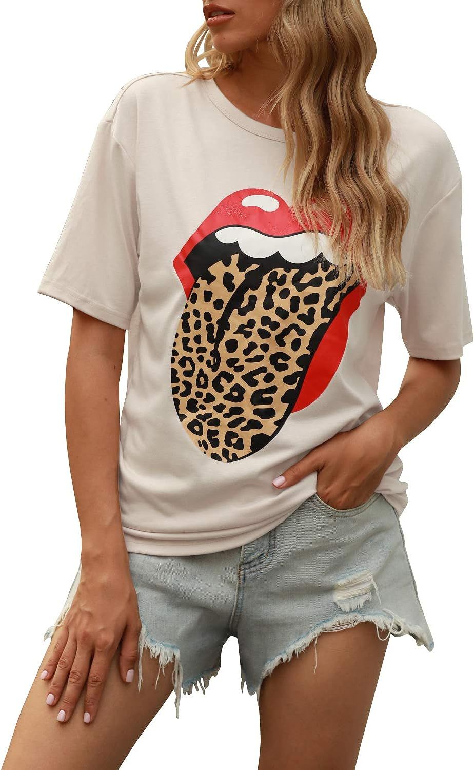 ReachMe Womens Cute Red Lips Leopard Tongue Tee Trendy Cheetah Animal Printed T-Shirts | Amazon (US)