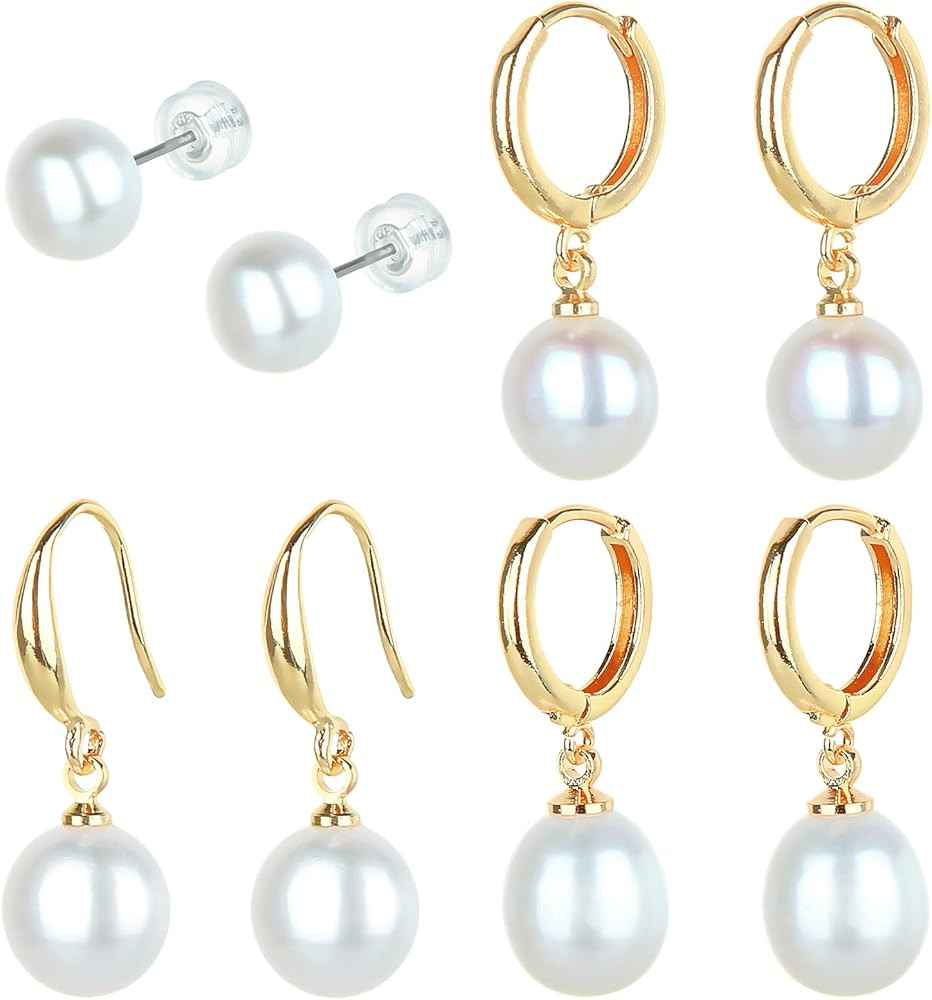 Pearl Earrings14K Gold Plated Freshwater Pearl Earring 4 Pairs Pearl Drop Earrings for Women Girl... | Amazon (US)