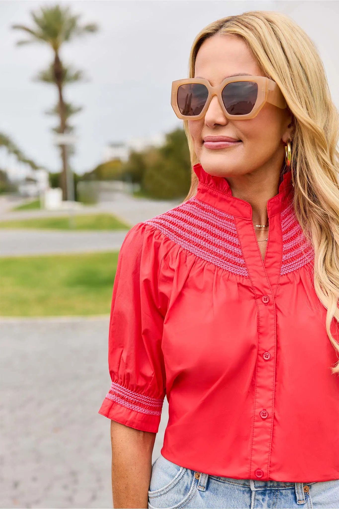 Yvonne Red Embroidered Button Up Top | Avara