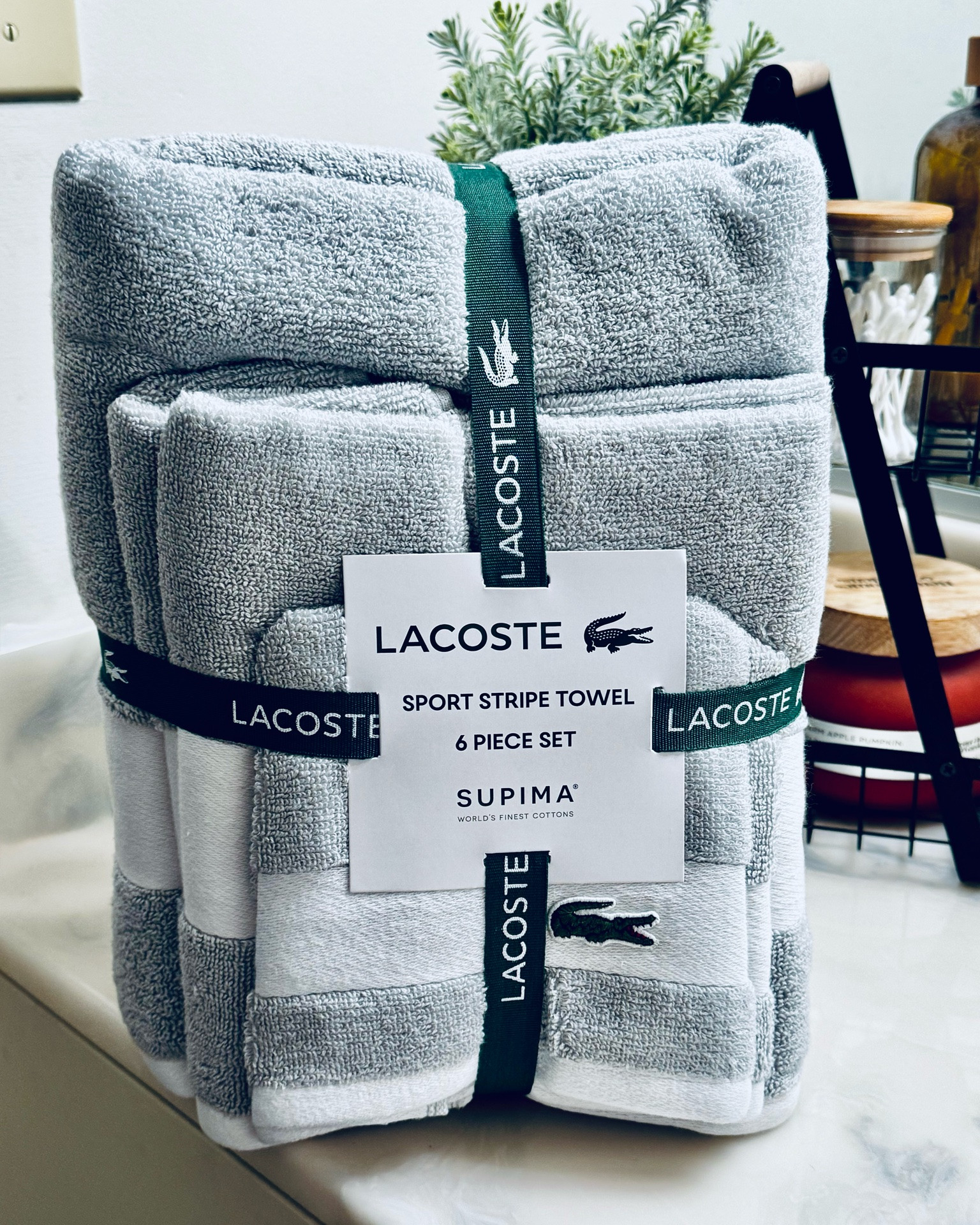 these Lacoste towels are NICE. 😍 I wasn’t expecting them to be this soft and plush, but I’m impressed! The bath towels are also a really decent size — I can actually wrap one around me comfortably 🙌🏼

The 6-piece set comes with 2 bath towels, 2 hand towels + 2 washcloths, all made from 100% Supima cotton. They’re super soft, absorbent and I love the classic Lacoste stripe + little embroidered croc. 🐊

Such an easy way to give the bathroom a little refresh without doing… literally anything else. 😂🙆🏼‍♀️

#LTKHome #LTKSaleAlert