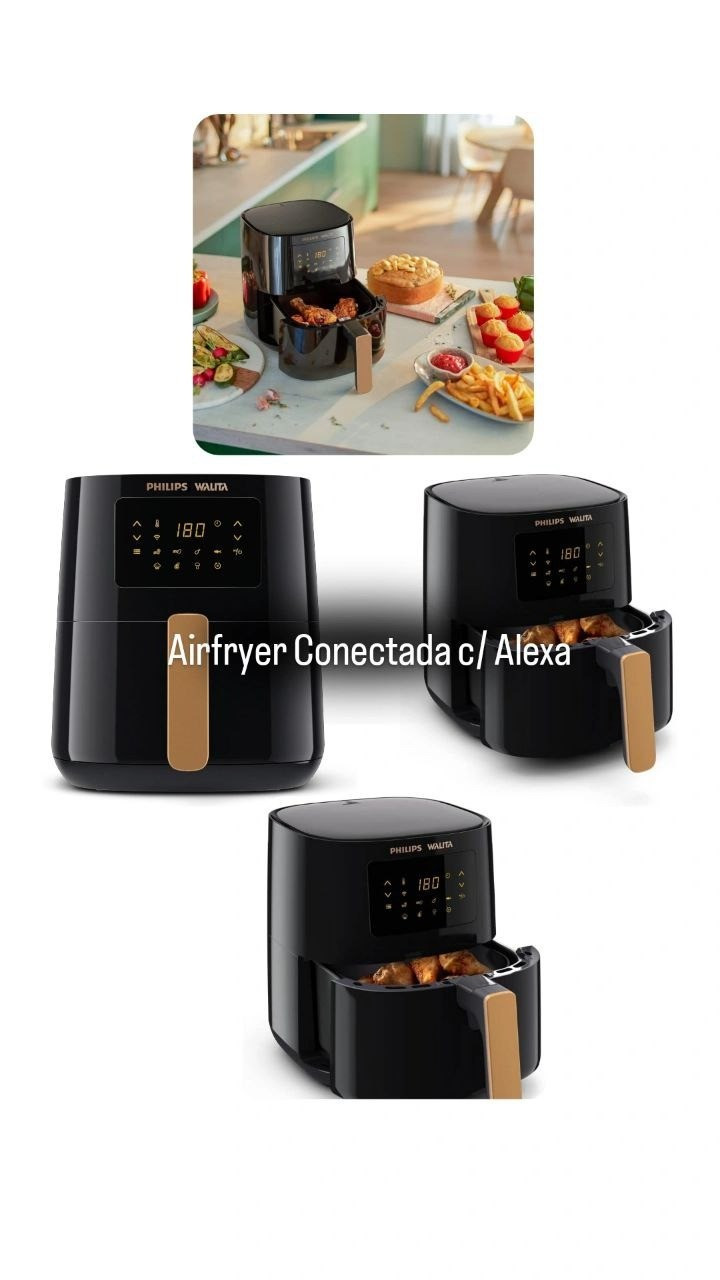 Airfryer perfeita para sua casa conectada. 📸✨ Conheça a Airfryer da Phillips Walita que se conecta a Alexa! Com 5.8 litros de capacidade e controle via app, você prepara suas receitas favoritas de forma prática e rápida. Tem 12 funções de cozimento e um design que cozinha 20% mais rápido. 

