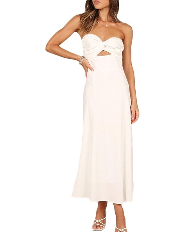 Fiemaoves Sexy Twist Front Strapless Sweetheart Neckline Midi Dresses for Women Smocked Cutout Tu... | Amazon (US)