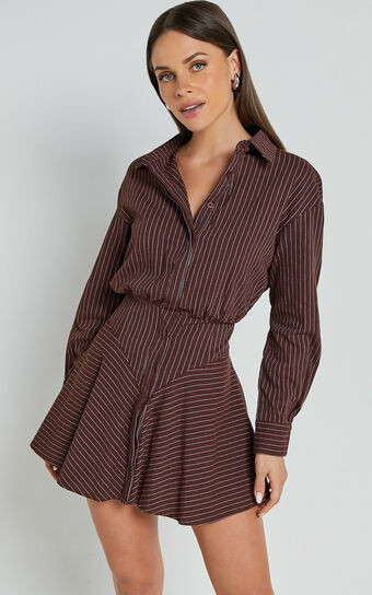 Whitney Mini Dress - Linen Look Long Sleeve Shirt Dress in Chocolate Pinstripe | Showpo (ANZ)
