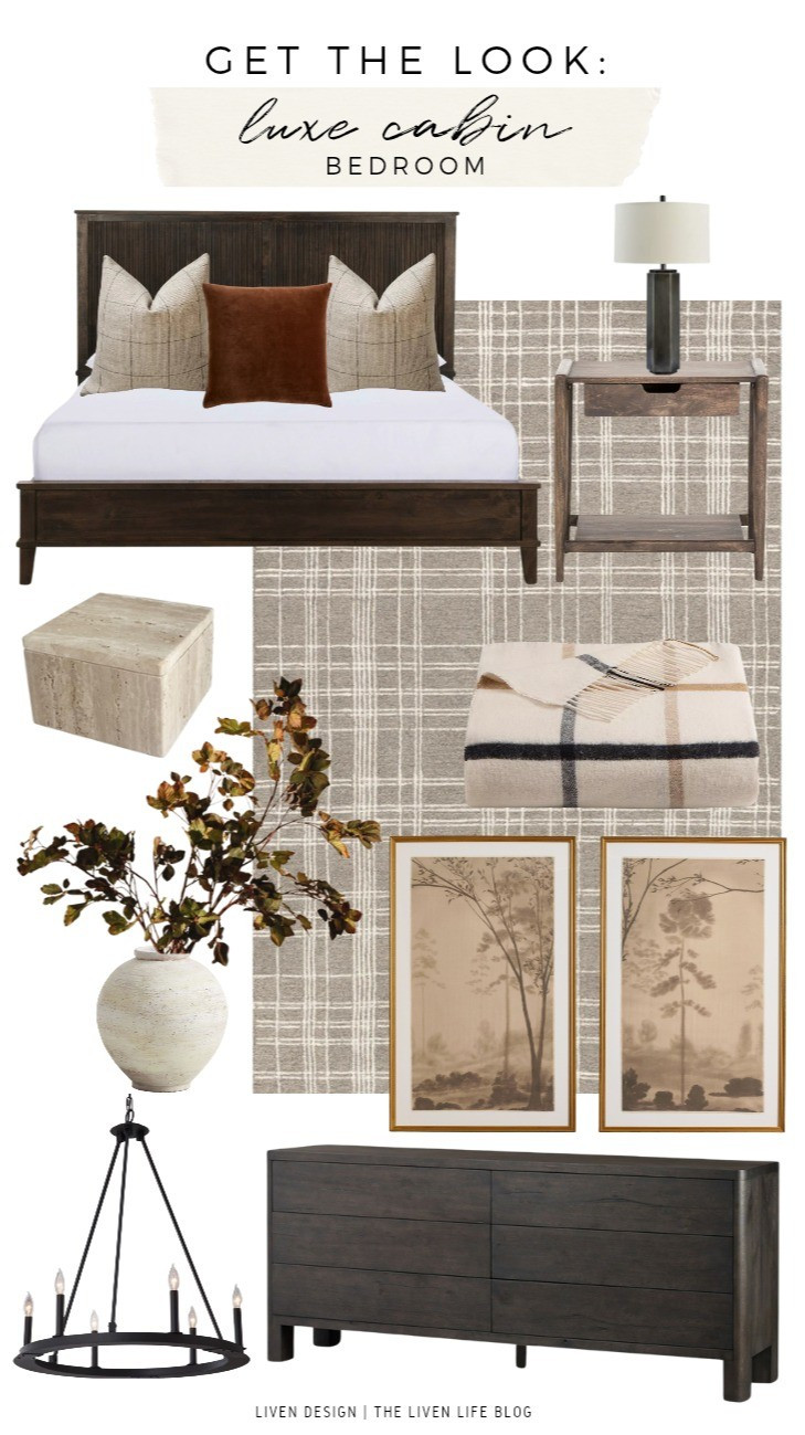 Luxe cabin. Home decor. Bedroom decor. Velvet pillow. Throw pillows. Black table lamp. Plaid throw blanket. Windowpane throw. Plaid rug. Rustic. Dresser. Nightstand. Ring chandelier. Farmhouse. Terracotta vase. Landscape painting. Wall art. Nature art. Marble box. Decorative box.

#LTKSeasonal #LTKHome #LTKSaleAlert