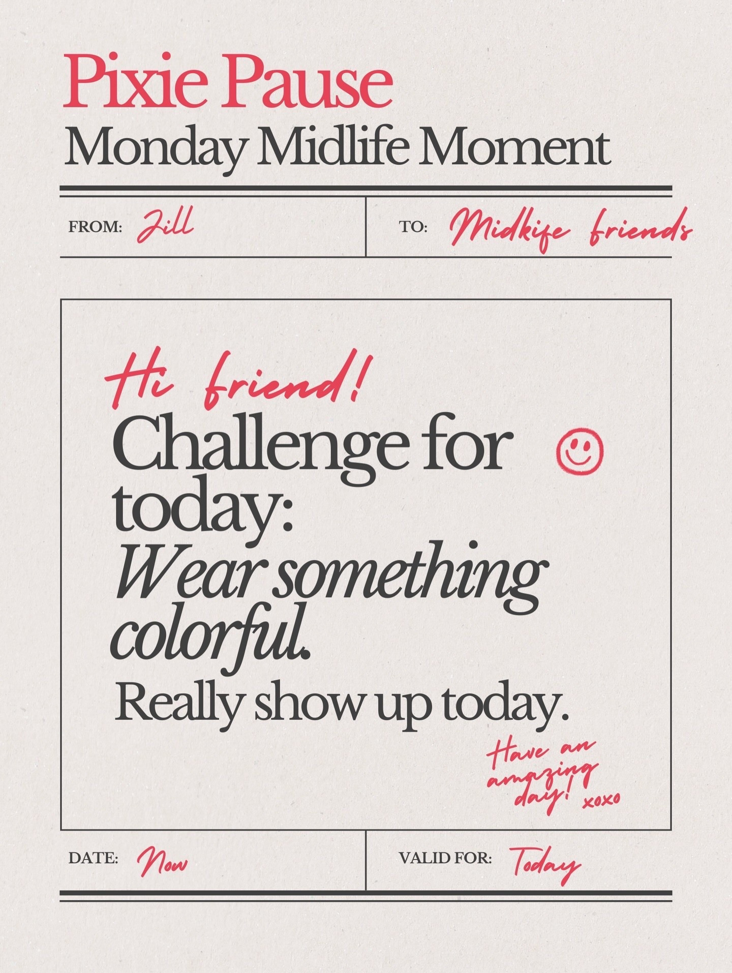 Wear something colorful today! 🌈 
PIXIE PAUSE: Midlife Monday Moment

I was at a dinner and all the ladies, older than me, had on color. It was so lively and cheerful. It gave me this idea for an instant mood lifter for us and those around up. Wear some color today and cheer up the places you show up. 🌈❤️☀️😎

#midlifemondaymood #modernmidlifecool #midlifebutmakeitcool #wearsomecolortoday