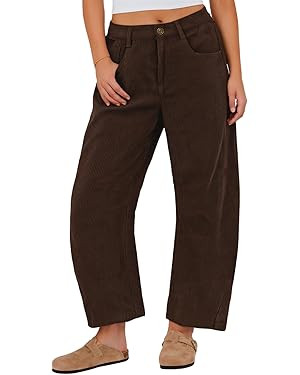 IWOLLENCE Women's Corduroy Barrel Pants Mid-Rise Elastic Waist Casual Cord Wide Legs Baggy Pant w... | Amazon (US)