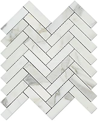 Calacatta Gold (Italian Calcutta) Marble 1 X 4 Herringbone Mosaic Tile, Polished | Amazon (US)