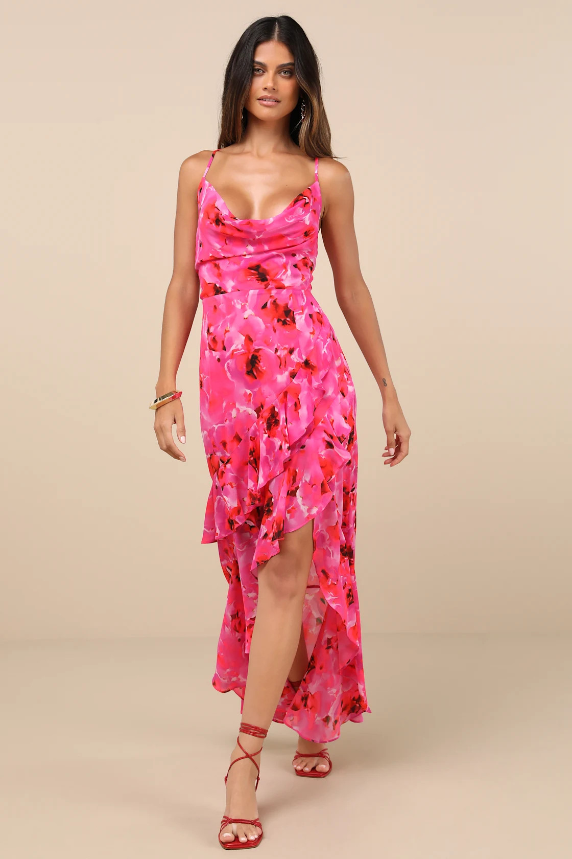 Navina Pink and Red Floral High-Low Midi Dress | Lulus