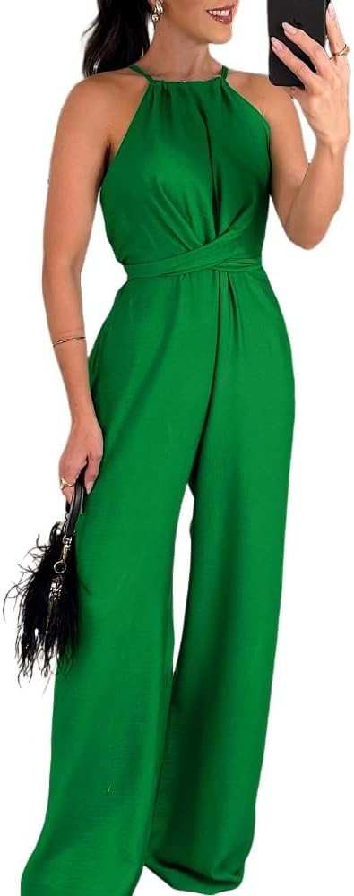 CHICME Women's Sexy Halter Jumpsuits Sleeveless Casual Ruched Rompers Wide Leg Jumpsuit | Amazon (US)