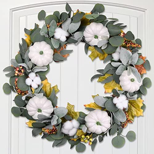 Farmhouse Fall Wreaths for Front Door, 24" Handcrafted Fall Door Wreath with White Pumpkin Lamb's... | Amazon (US)