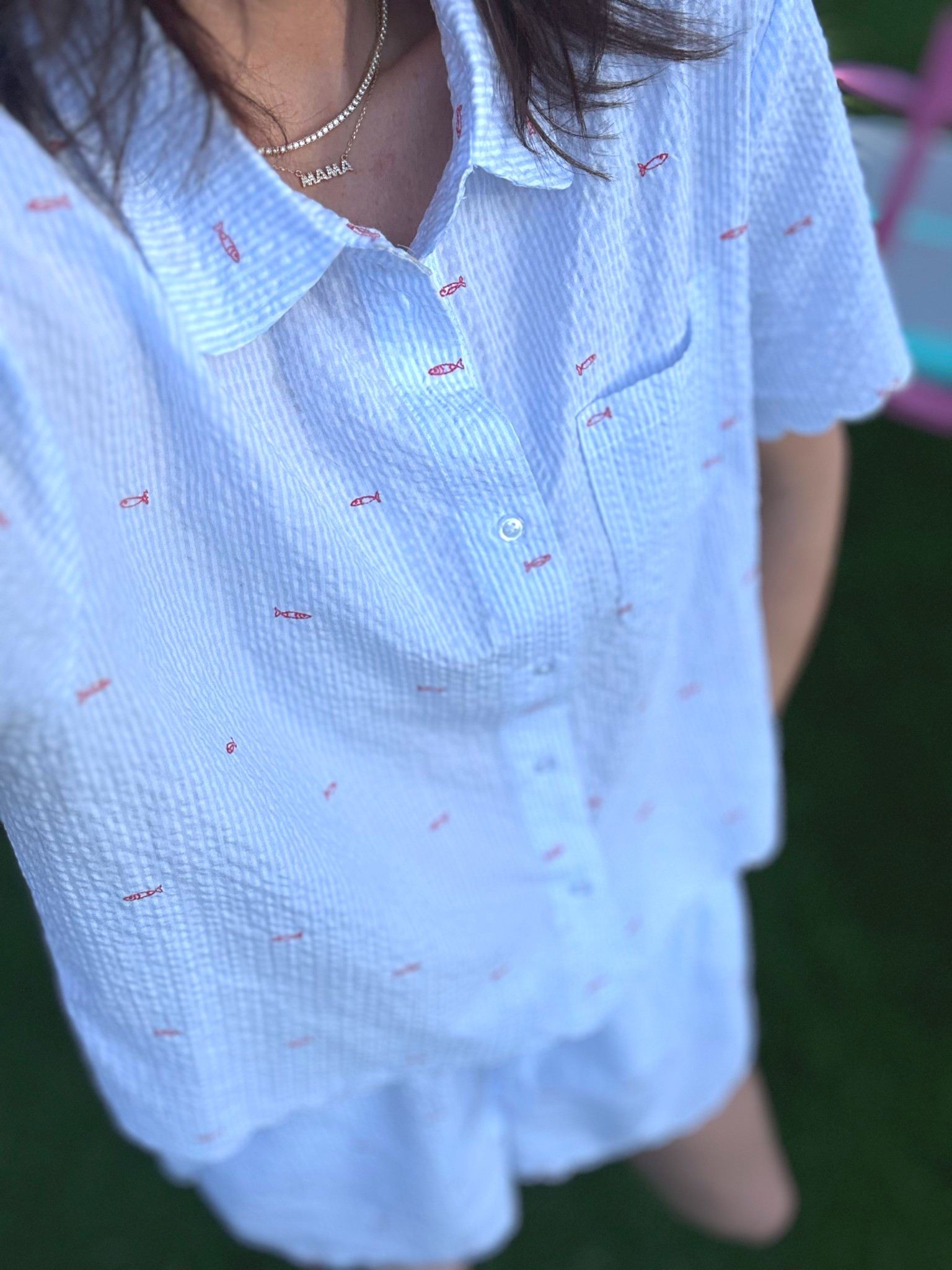 Wearing a medium in both. I always like to size up in pajamas and loungewear (especially when the shorts have a drawstring). These shorts do actually have good length though even on my 5’9” frame so I probably could have done a small  

When it says pajamas but the quality and vibe totally shouts “wear me on vacation”. The scalloped edges, the seersucker print with the embroidered fish, it is so good! And did I mention… pockets!! 

#LTKFindsUnder50 #LTKStyleTip #LTKTravel