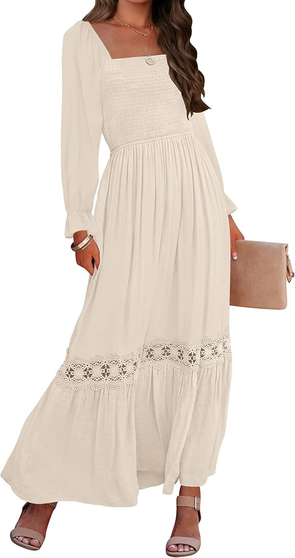 ZESICA Women's 2023 Boho Long Sleeve Square Neck Smocked High Waist Flowy A Line Lace Trim Maxi D... | Amazon (US)