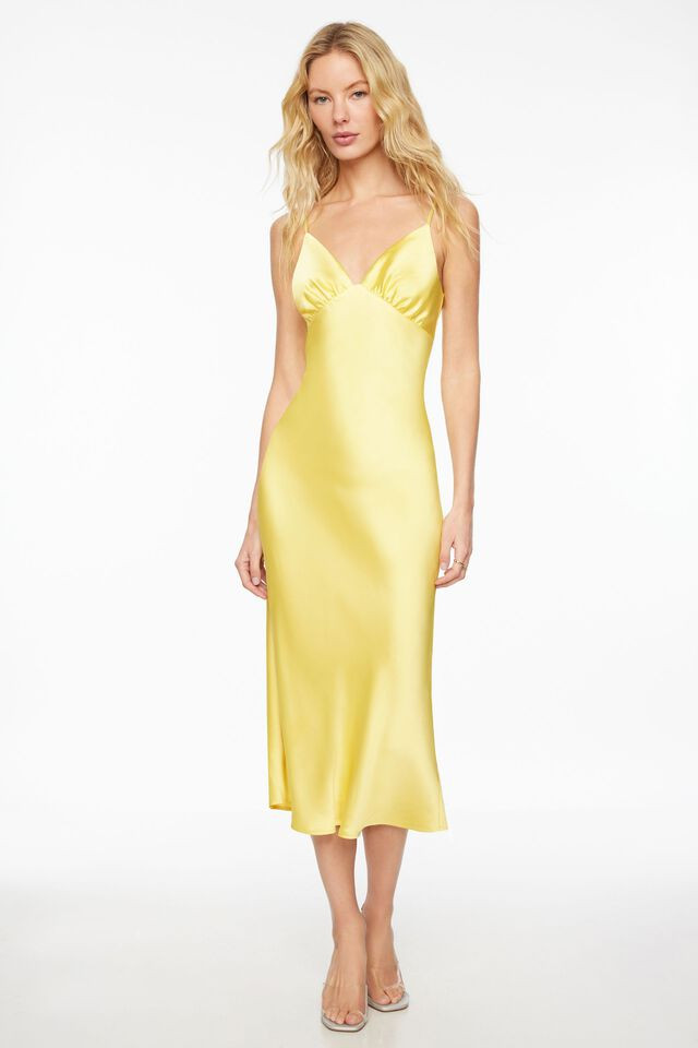 Open Back Satin Slip Midi Dress | Dynamite Clothing