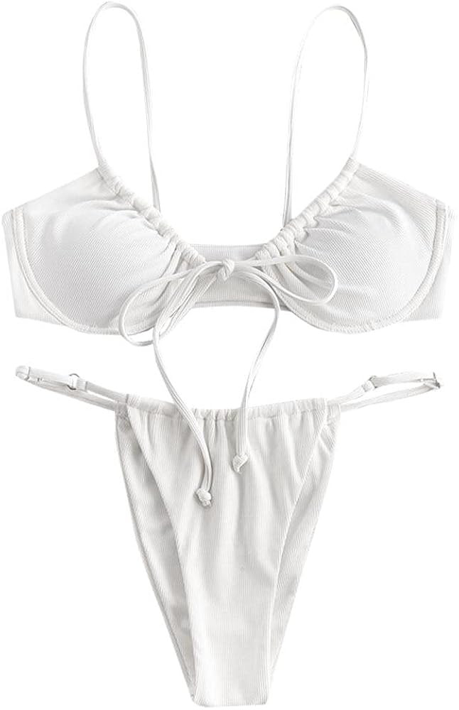ZAFUL Women's Bikini Swimsuit Ribbed Tie Side Bathing Suit Scrunch Butt String Thong Bikini Set | Amazon (US)