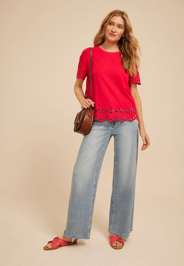 Scalloped Eyelet Short Sleeve Tee | Maurices