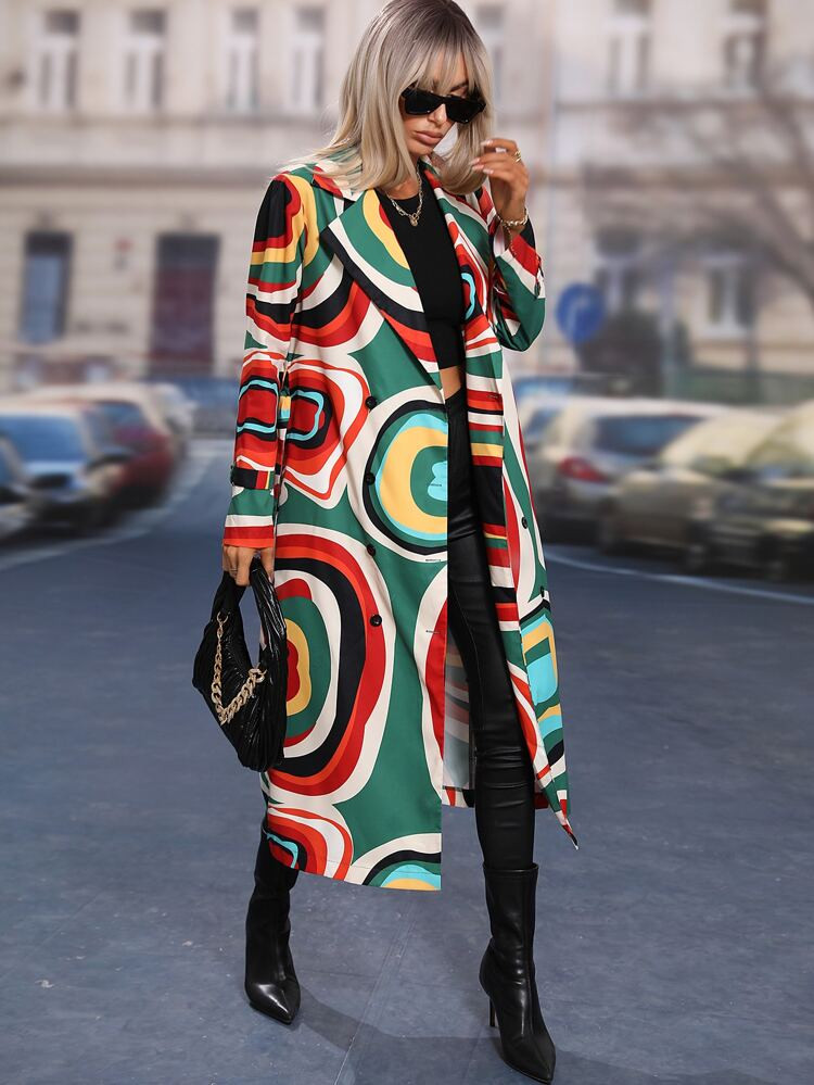 Allover Print Double Breasted Belted Trench Coat | SHEIN