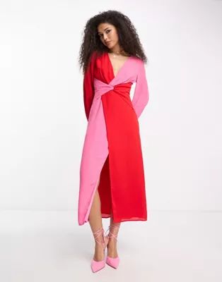 Pretty Lavish knot front contrast midaxi dress in pink and red | ASOS (Global)