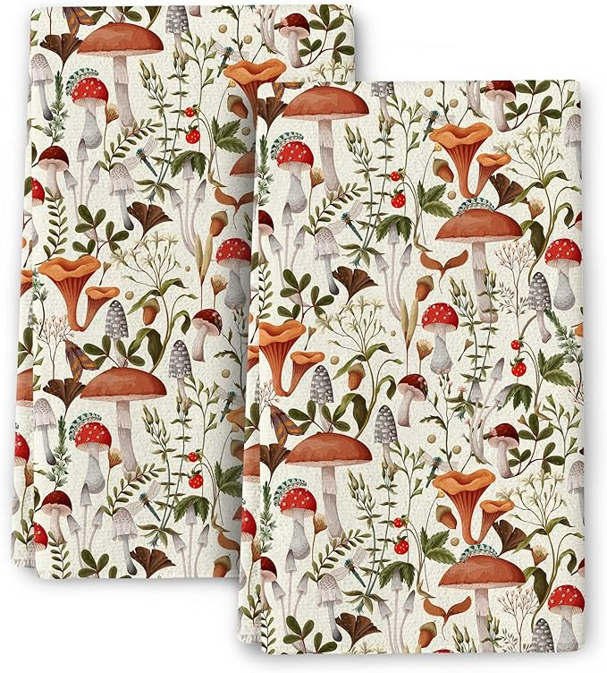Cukemip Boho Mushroom Decor Botanic Plant Beige Kitchen Dish Towel Set of 2 Cotton Soft Absorbent... | Amazon (US)