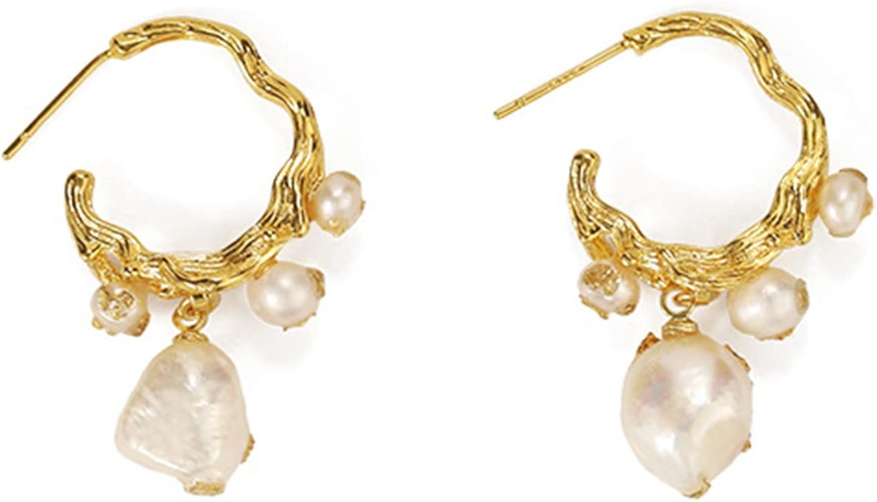 Baroque Pearl Drop Earrings for Women Freshwater Pearl Dangle Earrings Gold Planted Long Fashion Bar | Amazon (US)