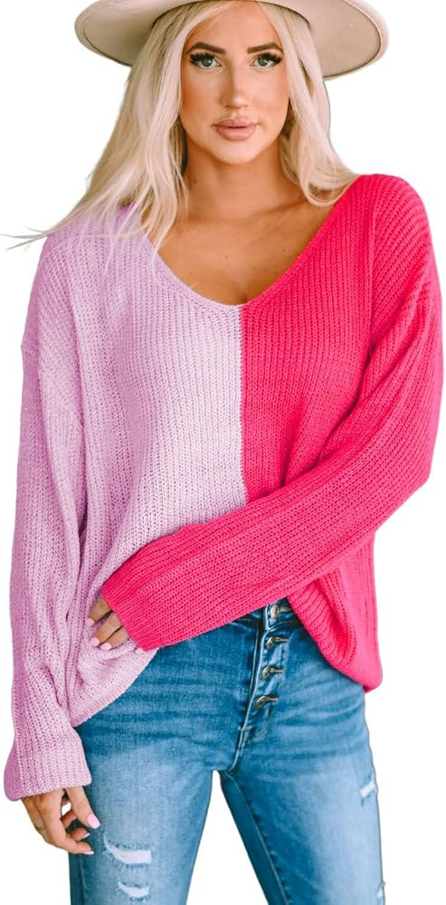 Women's Casual Color Block Lightweight Deep V Neck Batwing Sleeve Knit Top Loose Pullover Sweater | Amazon (US)