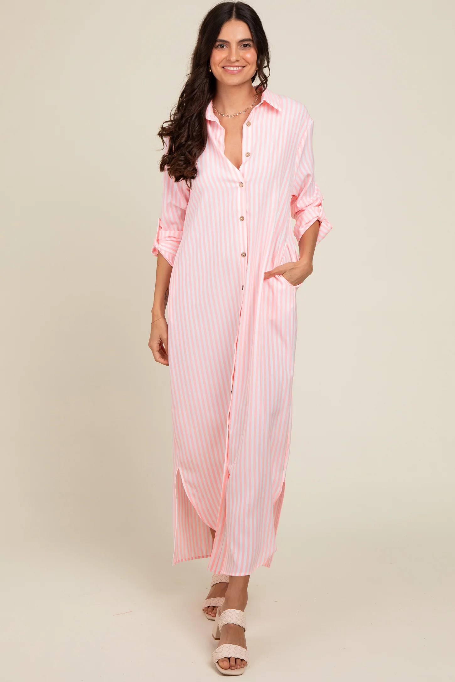 Pink Striped Button Down Maxi Dress | PinkBlush Maternity