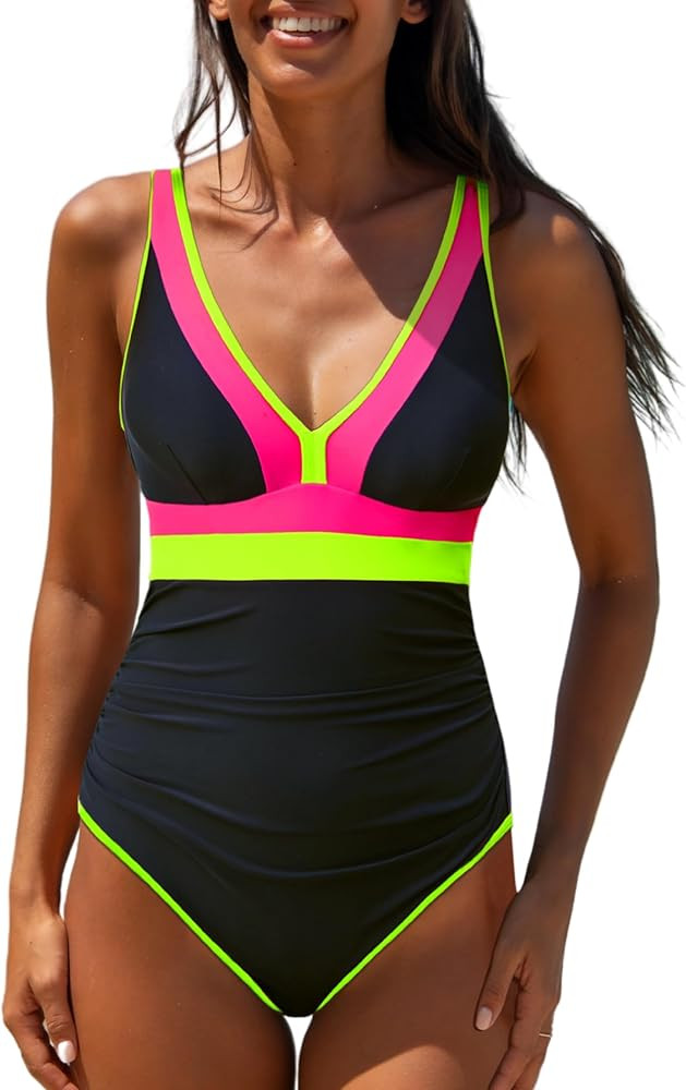 popvil One Piece Swimsuit Women 2025 Tummy Control Neon Color Block Bathing Suit Deep Vneck Tie B... | Amazon (US)