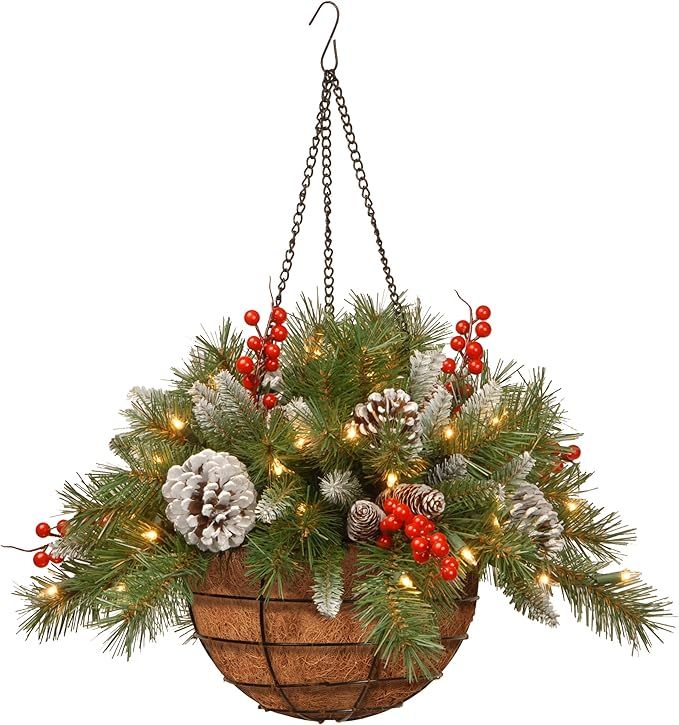 National Tree Company Pre-Lit Artificial Hanging Basket, , Decorated With Frosted Pine Cones, Ber... | Amazon (US)
