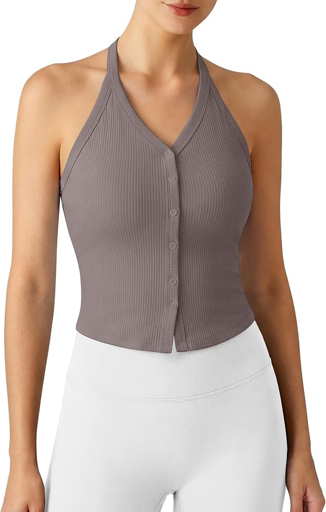 G4Free Ribbed Halter Crop Tank Tops Going Out Camisoles Backless Button Slim Fit Cropped Cami Top | Amazon (US)