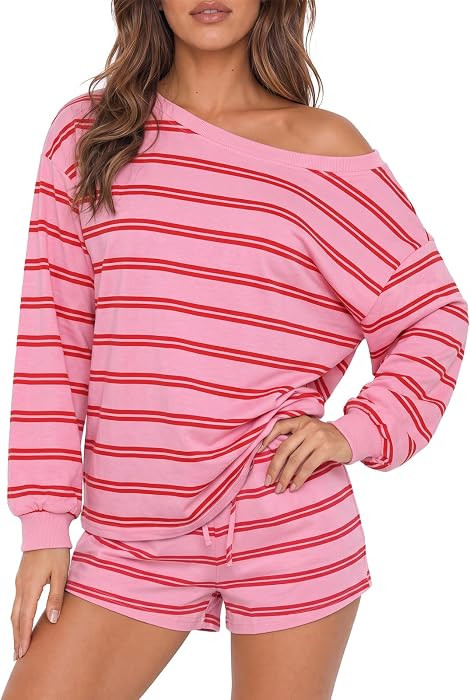 Fisoew Womens Long Sleeve 2 Piece Lounge Outfits Casual Striped Short Sets | Amazon (US)