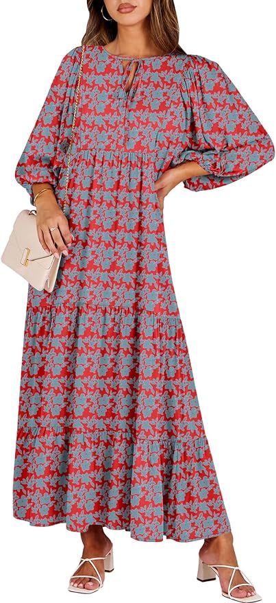 ANRABESS Womens Summer Maxi Dresses 2024 Boho Long Flowy Tropical Floral V Neck Puff Sleeve Casua... | Amazon (US)